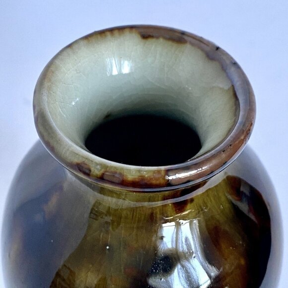 Studio Art Pottery Flower Vase Moss Green Wine Red Brown Crackle Glaze 5.75” - Picture 4 of 8